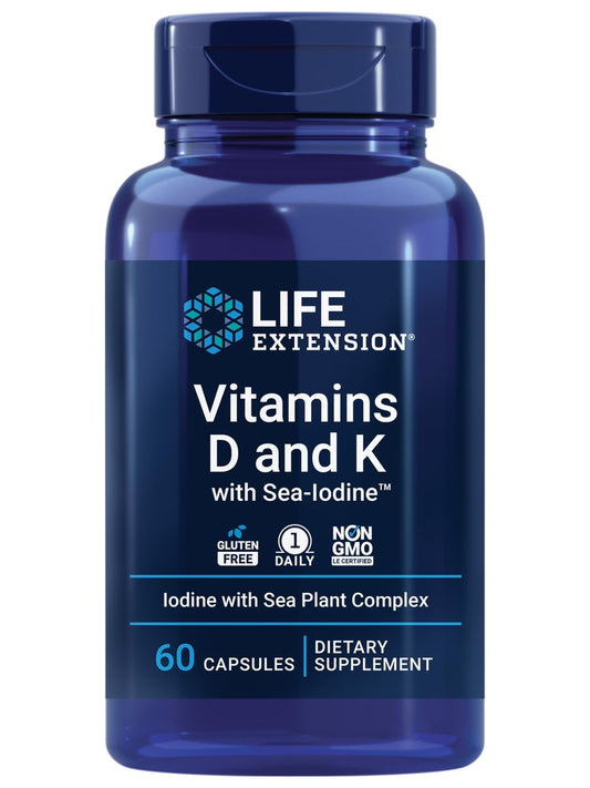 Life Extension Vitamine D und K mit Meeres-Jod – Vitamin D3, Vitamin K1 und K2, Jod – Unterstützt Immun-, Knochen-, Arterien- und Schilddrüsengesundheit – Nicht-GVO, glutenfrei, 60 Kapseln