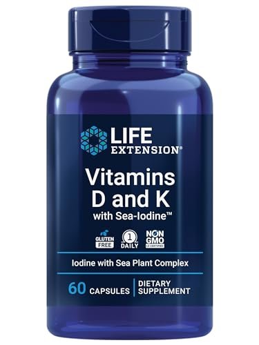 Life Extension Vitamine D und K mit Meeres-Jod – Vitamin D3, Vitamin K1 und K2, Jod – Unterstützt Immun-, Knochen-, Arterien- und Schilddrüsengesundheit – Nicht-GVO, glutenfrei, 60 Kapseln