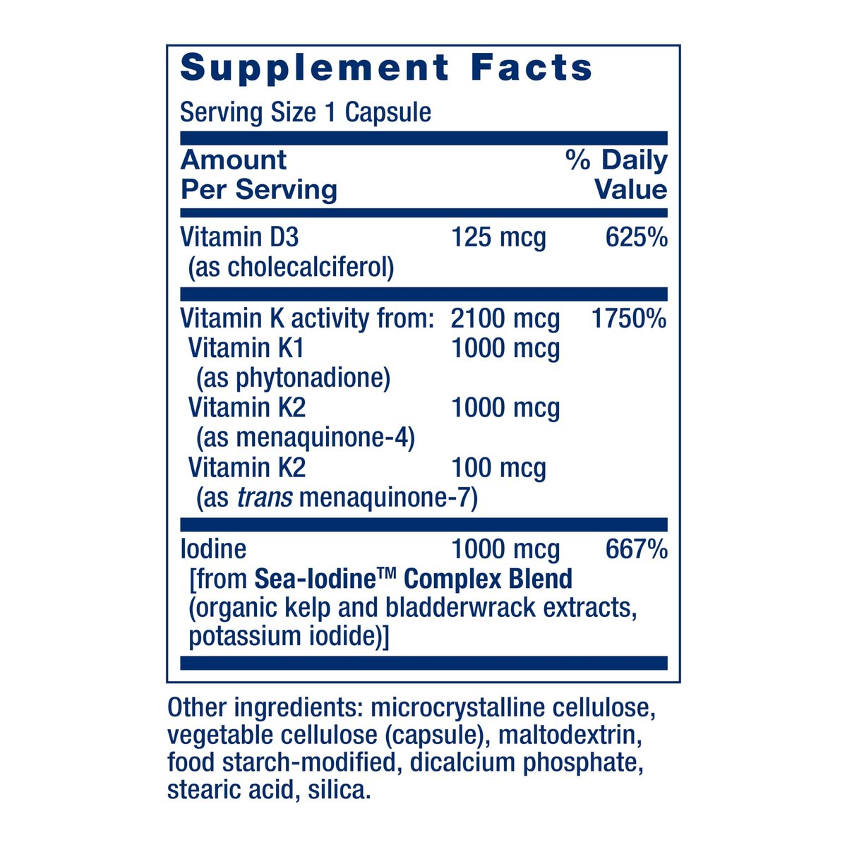 Life Extension Vitamine D und K mit Meeres-Jod – Vitamin D3, Vitamin K1 und K2, Jod – Unterstützt Immun-, Knochen-, Arterien- und Schilddrüsengesundheit – Nicht-GVO, glutenfrei, 60 Kapseln