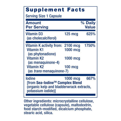 Life Extension Vitamine D und K mit Meeres-Jod – Vitamin D3, Vitamin K1 und K2, Jod – Unterstützt Immun-, Knochen-, Arterien- und Schilddrüsengesundheit – Nicht-GVO, glutenfrei, 60 Kapseln