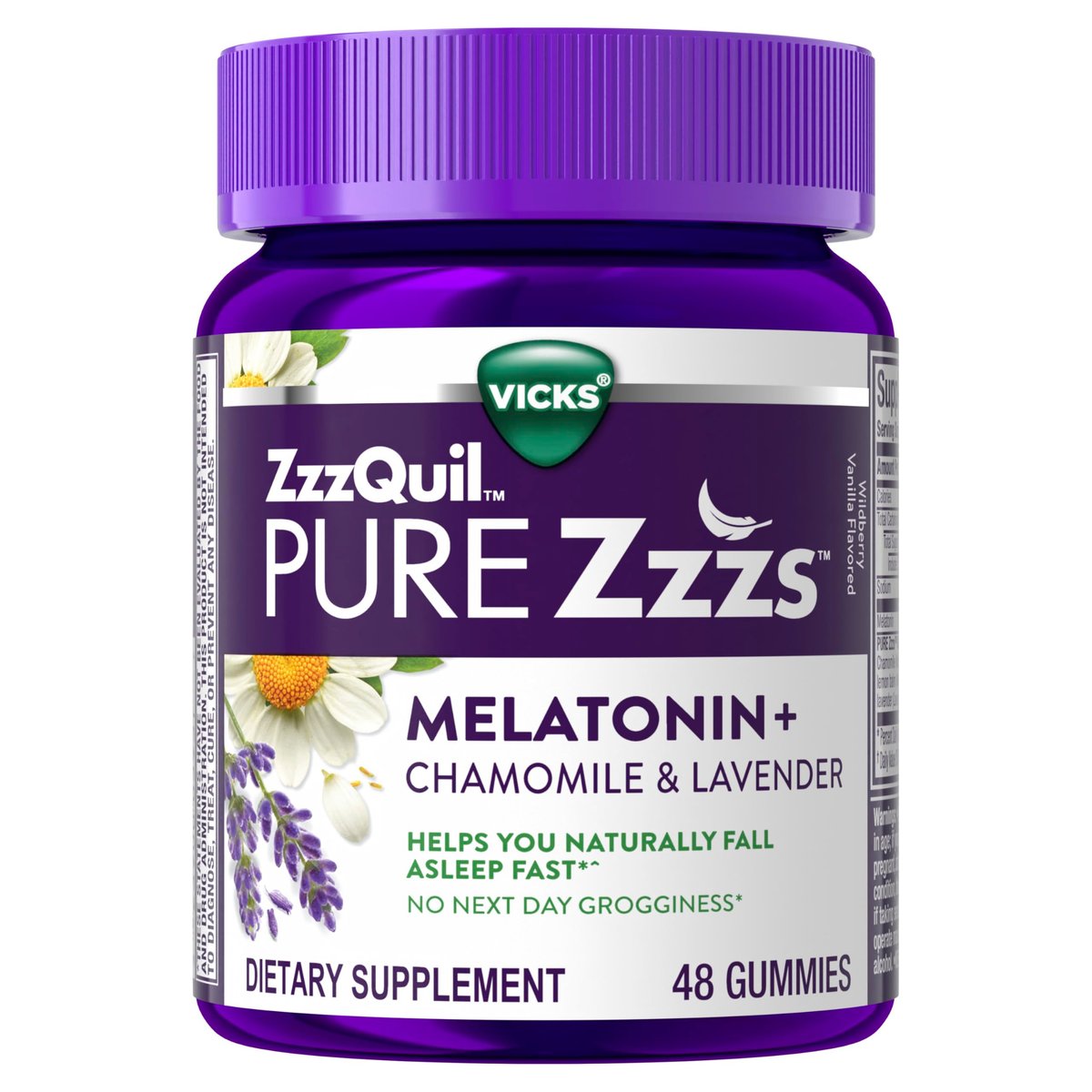 ZzzQuil Pure Zzzs Melatonin Gummis – Schlafhilfe für Erwachsene mit 2 mg Melatonin, Kamille & Lavendel, Wildberry-Vanille-Geschmack, 48 Stück
