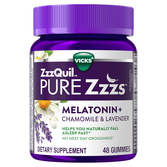 ZzzQuil Pure Zzzs Melatonin Gummis – Schlafhilfe für Erwachsene mit 2 mg Melatonin, Kamille & Lavendel, Wildberry-Vanille-Geschmack, 48 Stück