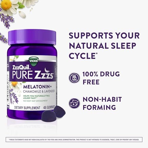 ZzzQuil Pure Zzzs Melatonin Gummis – Schlafhilfe für Erwachsene mit 2 mg Melatonin, Kamille & Lavendel, Wildberry-Vanille-Geschmack, 48 Stück