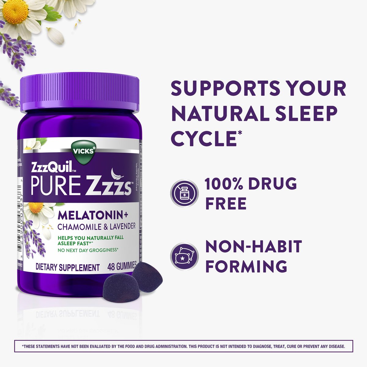 ZzzQuil Pure Zzzs Melatonin Gummis – Schlafhilfe für Erwachsene mit 2 mg Melatonin, Kamille & Lavendel, Wildberry-Vanille-Geschmack, 48 Stück