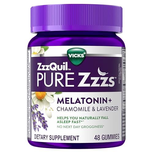 ZzzQuil Pure Zzzs Melatonin Gummis – Schlafhilfe für Erwachsene mit 2 mg Melatonin, Kamille & Lavendel, Wildberry-Vanille-Geschmack, 48 Stück