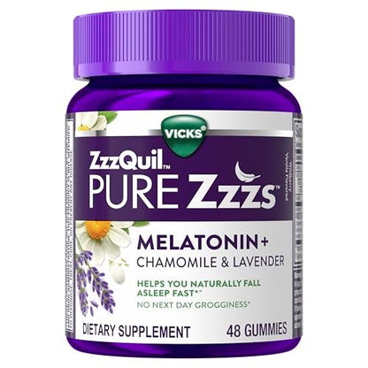 ZzzQuil Pure Zzzs Melatonin Gummis – Schlafhilfe für Erwachsene mit 2 mg Melatonin, Kamille & Lavendel, Wildberry-Vanille-Geschmack, 48 Stück