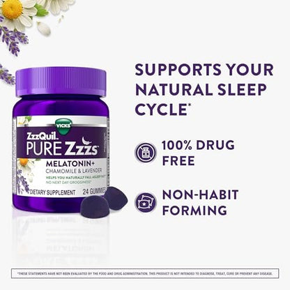 ZzzQuil Pure Zzzs Melatonin Gummis – Einschlafhilfe mit Melatonin 2mg, Kamille & Lavendel für Erwachsene, Wildberry-Vanille-Geschmack, 24 Stück
