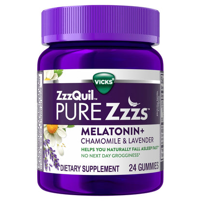 ZzzQuil Pure Zzzs Melatonin Gummis – Einschlafhilfe mit Melatonin 2mg, Kamille & Lavendel für Erwachsene, Wildberry-Vanille-Geschmack, 24 Stück