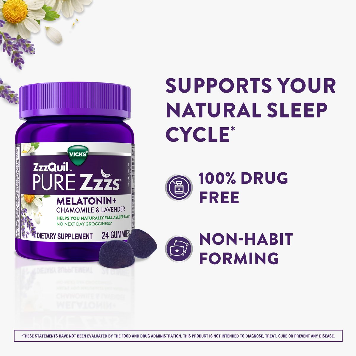 ZzzQuil Pure Zzzs Melatonin Gummis – Einschlafhilfe mit Melatonin 2mg, Kamille & Lavendel für Erwachsene, Wildberry-Vanille-Geschmack, 24 Stück