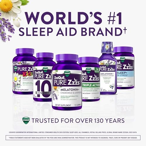 ZzzQuil Pure Zzzs Melatonin Gummis – Einschlafhilfe mit Melatonin 2mg, Kamille & Lavendel für Erwachsene, Wildberry-Vanille-Geschmack, 24 Stück