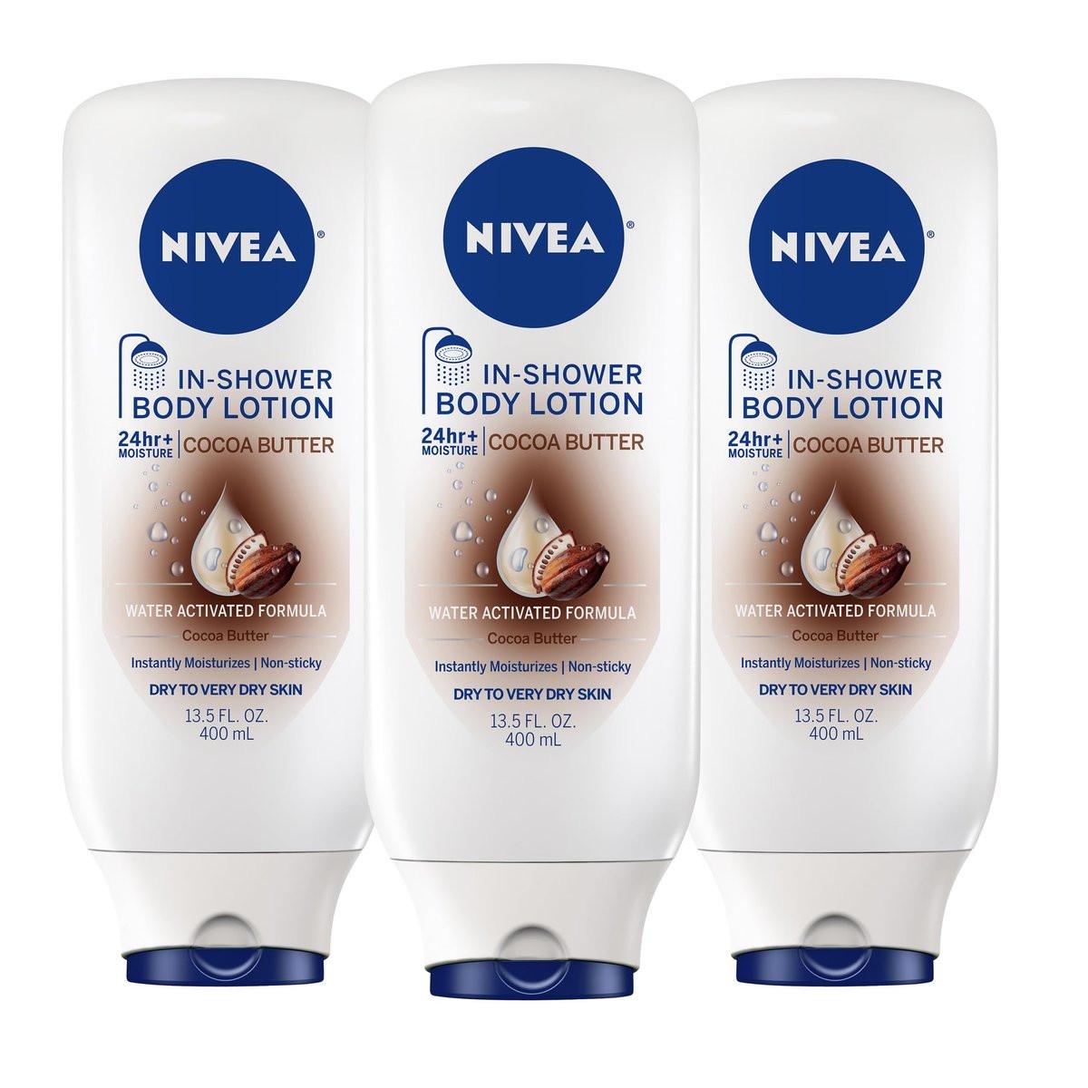 NIVEA Cocoa Butter In Shower Lotion – Wasseraktivierte Feuchtigkeitspflege für trockene bis sehr trockene Haut, 3er-Pack (3 x 13,5 fl oz)
