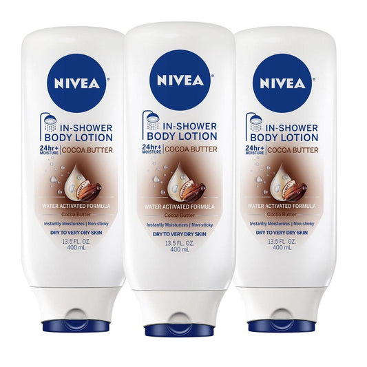 NIVEA Cocoa Butter In Shower Lotion – Wasseraktivierte Feuchtigkeitspflege für trockene bis sehr trockene Haut, 3er-Pack (3 x 13,5 fl oz)