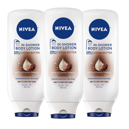NIVEA Cocoa Butter In Shower Lotion – Wasseraktivierte Feuchtigkeitspflege für trockene bis sehr trockene Haut, 3er-Pack (3 x 13,5 fl oz)