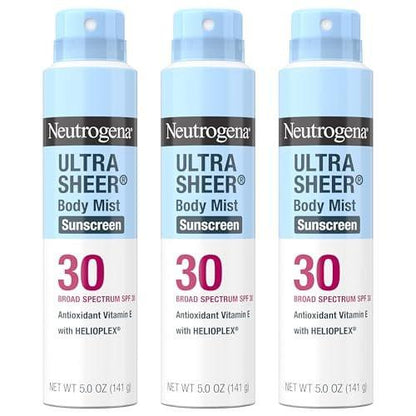Neutrogena Ultra Sheer Sonnenschutzspray SPF 30 Körperspray, Leichtes, nicht fettendes Breitspektrum UVA/UVB-Schutz, Ölfrei & nicht komedogen, wasserbeständig (80 Minuten), 3er-Pack, 5 oz