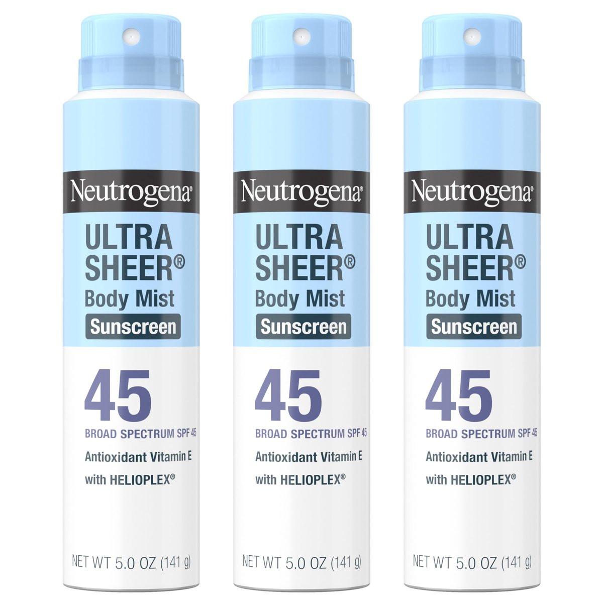 Neutrogena Ultra Sheer Sonnenspray SPF 45 Körperspray, Leichtes Nicht-Fettendes Breitspektrum UVA/UVB-Schutz, Ölfrei & Nicht Komedogen Wasserbeständig (80 Min.), 3er-Pack, 5 oz