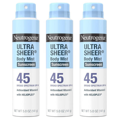 Neutrogena Ultra Sheer Sonnenspray SPF 45 Körperspray, Leichtes Nicht-Fettendes Breitspektrum UVA/UVB-Schutz, Ölfrei & Nicht Komedogen Wasserbeständig (80 Min.), 3er-Pack, 5 oz