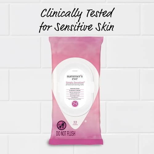 Summer's Eve Simply Sensitive Feuchttücher für die Intimhygiene, pH-ausgeglichene Mizellenwasser-Formel, hilft vaginalen Geruch zu kontrollieren, wiederverschließbare Packung, 32 Tücher, 4er-Pack