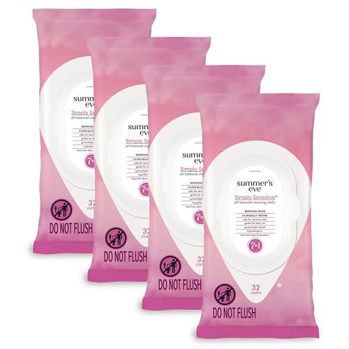 Summer's Eve Simply Sensitive Feuchttücher für die Intimhygiene, pH-ausgeglichene Mizellenwasser-Formel, hilft vaginalen Geruch zu kontrollieren, wiederverschließbare Packung, 32 Tücher, 4er-Pack