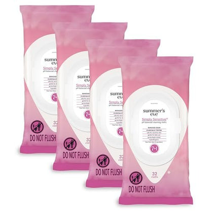 Summer's Eve Simply Sensitive Feuchttücher für die Intimhygiene, pH-ausgeglichene Mizellenwasser-Formel, hilft vaginalen Geruch zu kontrollieren, wiederverschließbare Packung, 32 Tücher, 4er-Pack