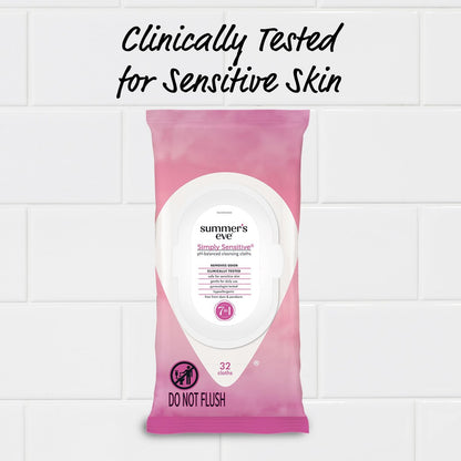 Summer's Eve Simply Sensitive Feuchttücher für die Intimhygiene, pH-ausgeglichene Mizellenwasser-Formel, hilft vaginalen Geruch zu kontrollieren, wiederverschließbare Packung, 32 Tücher, 4er-Pack