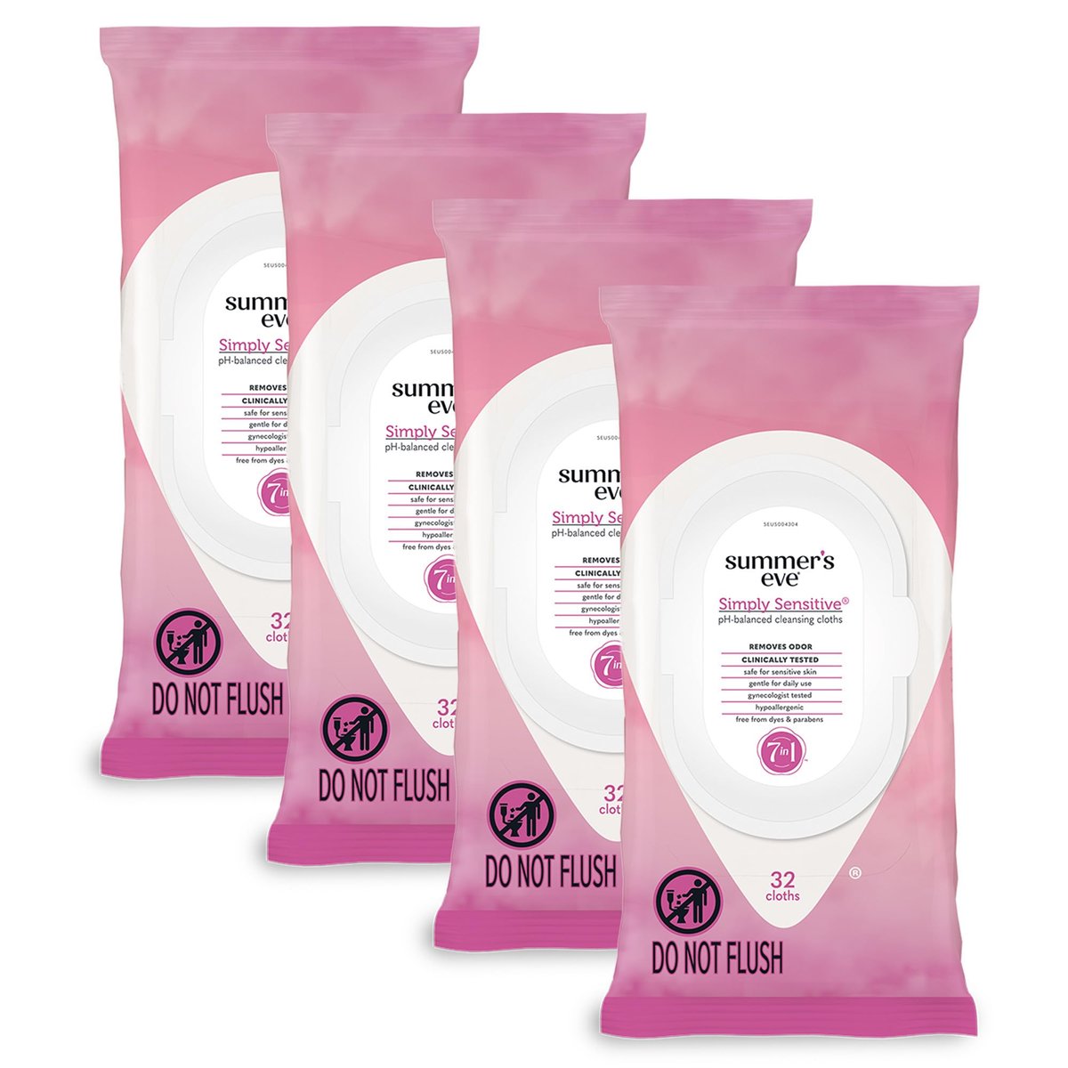 Summer's Eve Simply Sensitive Feuchttücher für die Intimhygiene, pH-ausgeglichene Mizellenwasser-Formel, hilft vaginalen Geruch zu kontrollieren, wiederverschließbare Packung, 32 Tücher, 4er-Pack