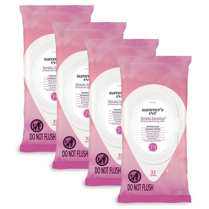 Summer's Eve Simply Sensitive Feuchttücher für die Intimhygiene, pH-ausgeglichene Mizellenwasser-Formel, hilft vaginalen Geruch zu kontrollieren, wiederverschließbare Packung, 32 Tücher, 4er-Pack