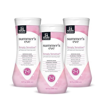 Summer's Eve Simply Sensitive All-Over Daily Feminine Waschgel, pH-ausgeglichene Körperwäsche für Frauen, sanfte Intimpflege gegen vaginalen Geruch, gynäkologisch getestet, 3 x 444 ml
