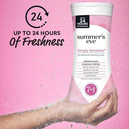 Summer's Eve Simply Sensitive All-Over Daily Feminine Waschgel, pH-ausgeglichene Körperwäsche für Frauen, sanfte Intimpflege gegen vaginalen Geruch, gynäkologisch getestet, 3 x 444 ml