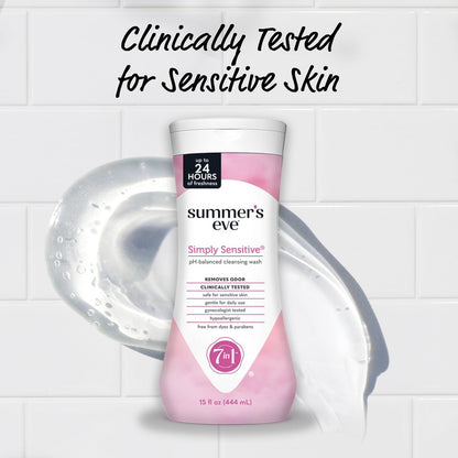 Summer's Eve Simply Sensitive All-Over Daily Feminine Waschgel, pH-ausgeglichene Körperwäsche für Frauen, sanfte Intimpflege gegen vaginalen Geruch, gynäkologisch getestet, 3 x 444 ml