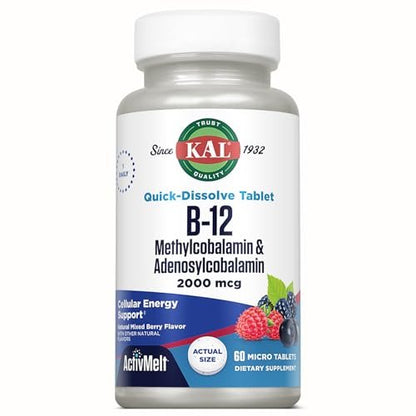 KAL Vitamin B12 Methylcobalamin und Adenosylcobalamin 2000 mcg ActivMelt – Hochdosierte B12-Energie-Tabletten für Stoffwechsel, Nerven und rote Blutkörperchen, natürlicher Beerengeschmack, 60 Mikro-Tabletten