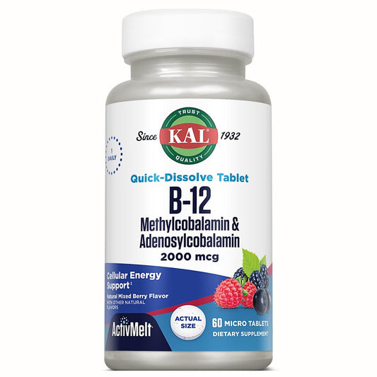 KAL Vitamin B12 Methylcobalamin und Adenosylcobalamin 2000 mcg ActivMelt – Hochdosierte B12-Energie-Tabletten für Stoffwechsel, Nerven und rote Blutkörperchen, natürlicher Beerengeschmack, 60 Mikro-Tabletten
