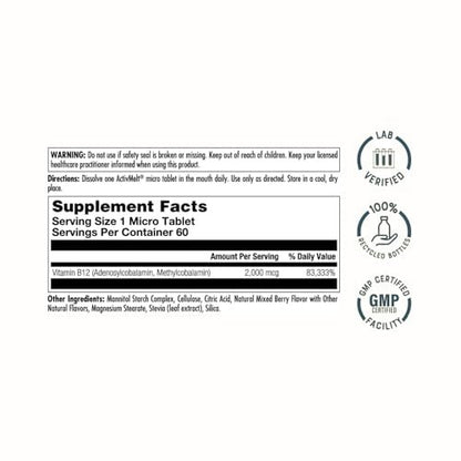 KAL Vitamin B12 Methylcobalamin und Adenosylcobalamin 2000 mcg ActivMelt – Hochdosierte B12-Energie-Tabletten für Stoffwechsel, Nerven und rote Blutkörperchen, natürlicher Beerengeschmack, 60 Mikro-Tabletten