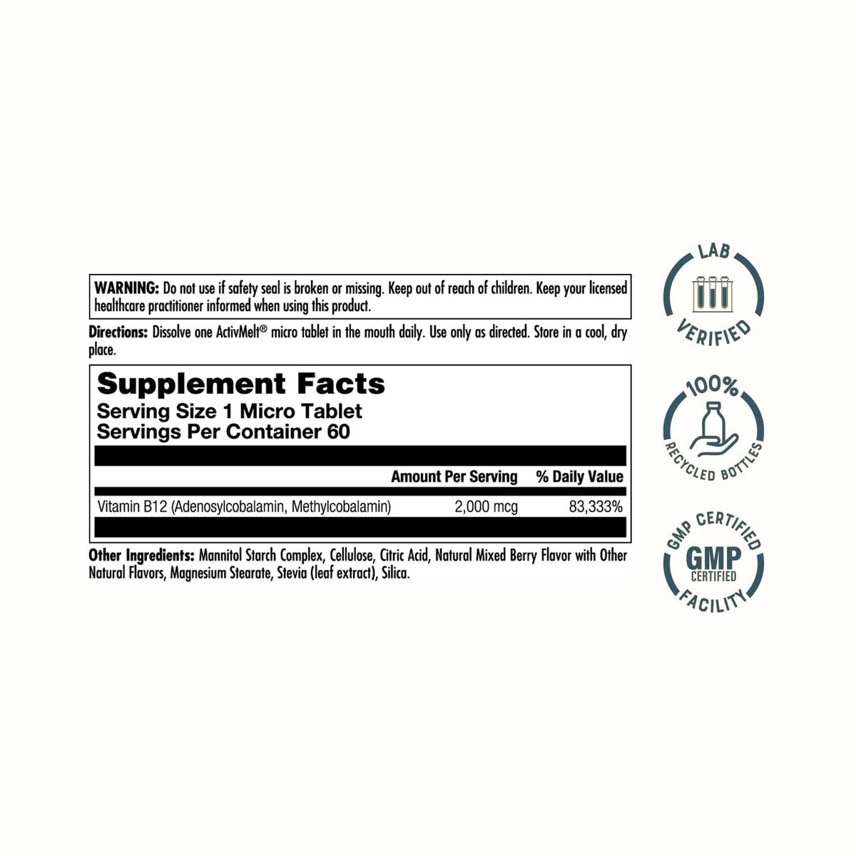 KAL Vitamin B12 Methylcobalamin und Adenosylcobalamin 2000 mcg ActivMelt – Hochdosierte B12-Energie-Tabletten für Stoffwechsel, Nerven und rote Blutkörperchen, natürlicher Beerengeschmack, 60 Mikro-Tabletten