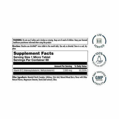 KAL Vitamin B12 Methylcobalamin und Adenosylcobalamin 2000 mcg ActivMelt – Hochdosierte B12-Energie-Tabletten für Stoffwechsel, Nerven und rote Blutkörperchen, natürlicher Beerengeschmack, 60 Mikro-Tabletten