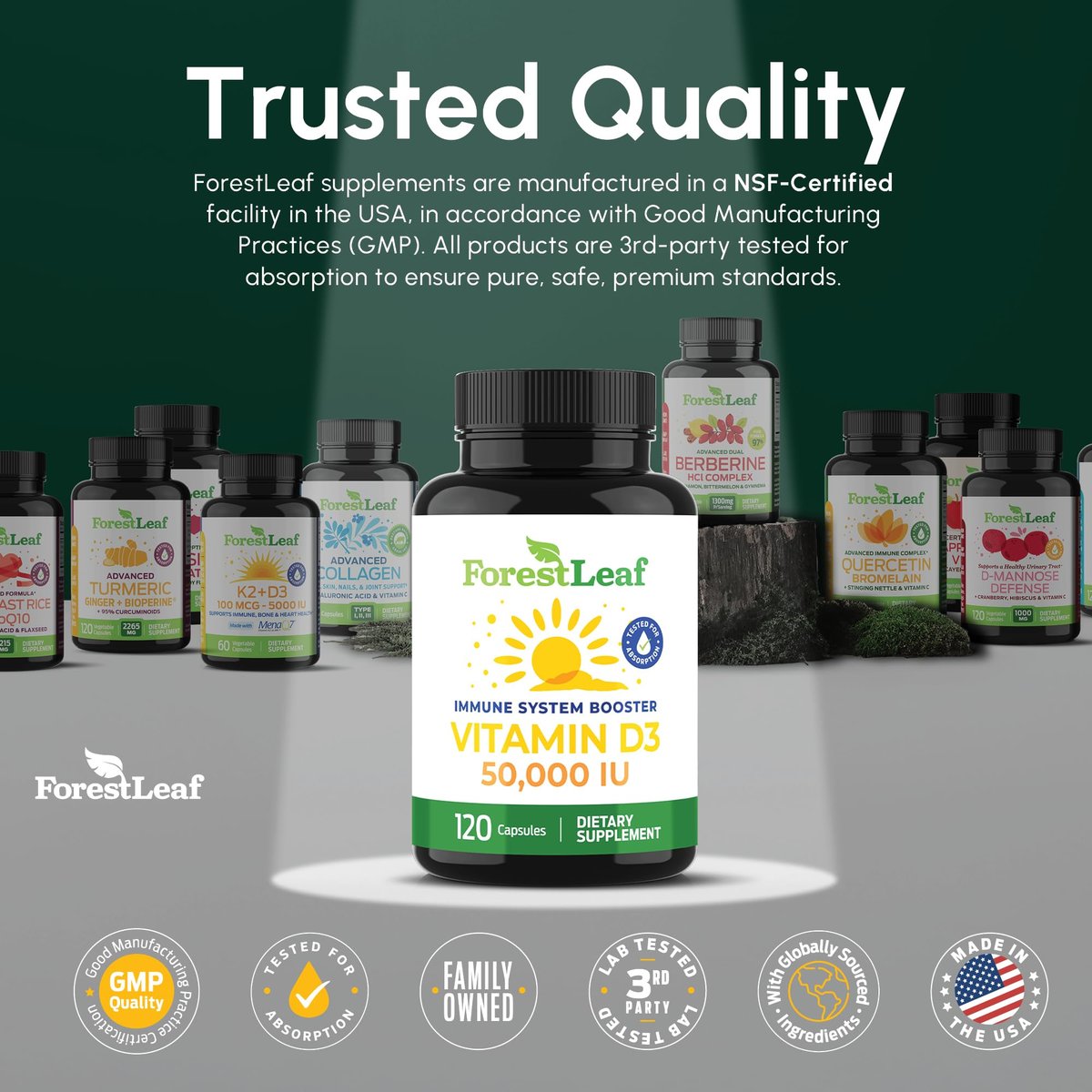 ForestLeaf Vitamin D3 50.000 IE | Hochdosiertes Vitamin D für Knochen, Immunsystem & Zähne | Wochenkapseln, 120 Kapseln, 2-Jahres-Vorrat