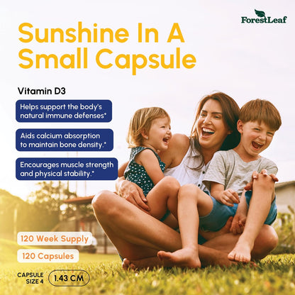 ForestLeaf Vitamin D3 50.000 IE | Hochdosiertes Vitamin D für Knochen, Immunsystem & Zähne | Wochenkapseln, 120 Kapseln, 2-Jahres-Vorrat