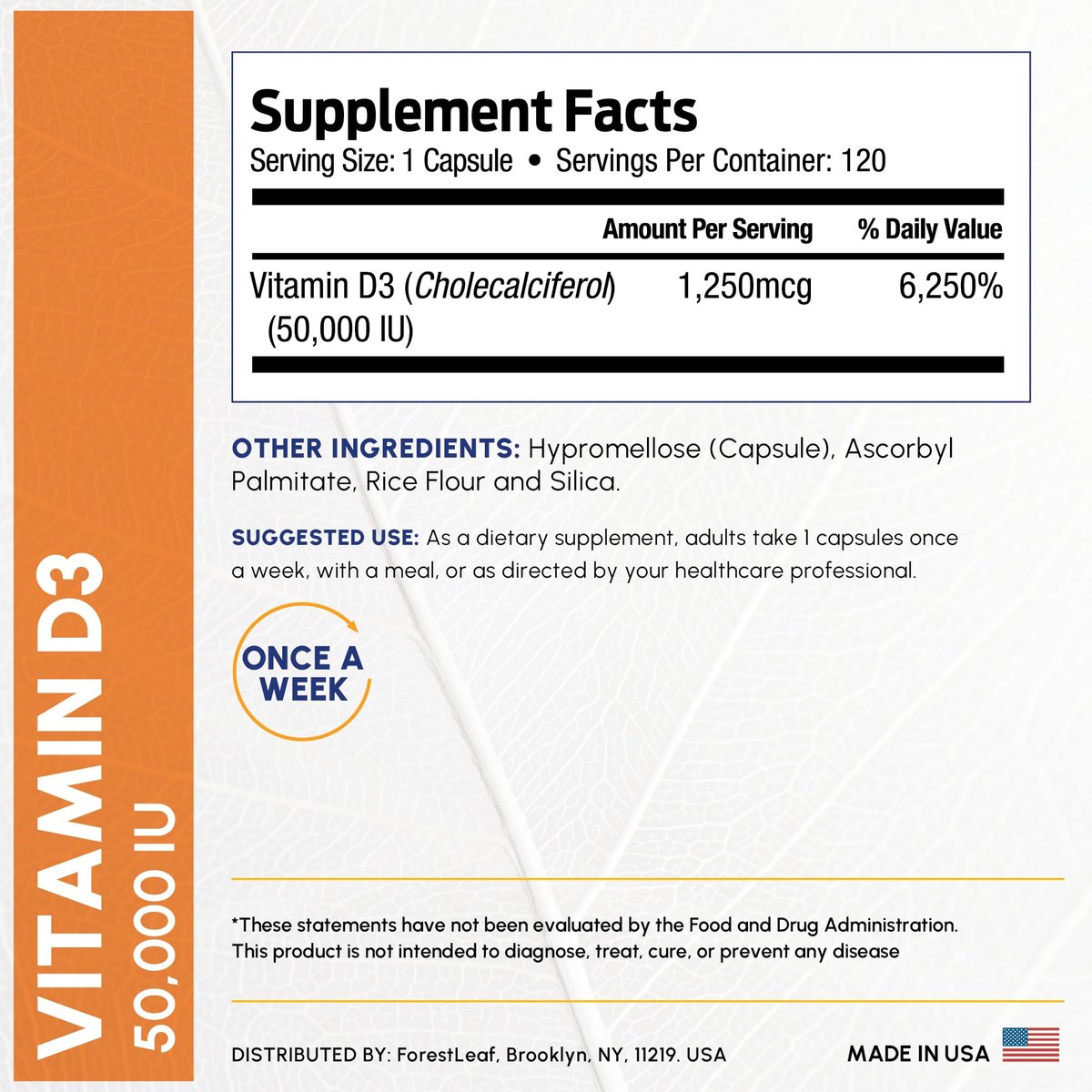 ForestLeaf Vitamin D3 50.000 IE | Hochdosiertes Vitamin D für Knochen, Immunsystem & Zähne | Wochenkapseln, 120 Kapseln, 2-Jahres-Vorrat