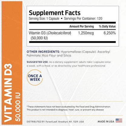 ForestLeaf Vitamin D3 50.000 IE | Hochdosiertes Vitamin D für Knochen, Immunsystem & Zähne | Wochenkapseln, 120 Kapseln, 2-Jahres-Vorrat
