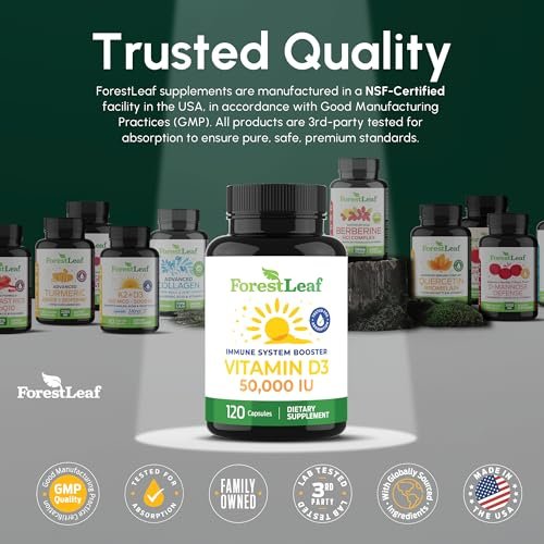 ForestLeaf Vitamin D3 50.000 IE | Hochdosiertes Vitamin D für Knochen, Immunsystem & Zähne | Wochenkapseln, 120 Kapseln, 2-Jahres-Vorrat