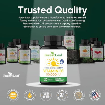 ForestLeaf Vitamin D3 50.000 IE | Hochdosiertes Vitamin D für Knochen, Immunsystem & Zähne | Wochenkapseln, 120 Kapseln, 2-Jahres-Vorrat