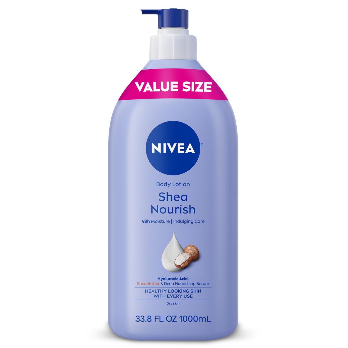 NIVEA Shea Nourish Body Lotion für trockene Haut mit Hyaluronsäure, Sheabutter und Tiefenpflege-Serum, 48-Stunden-Feuchtigkeitspflege, 1 Liter Flasche mit Pumpe