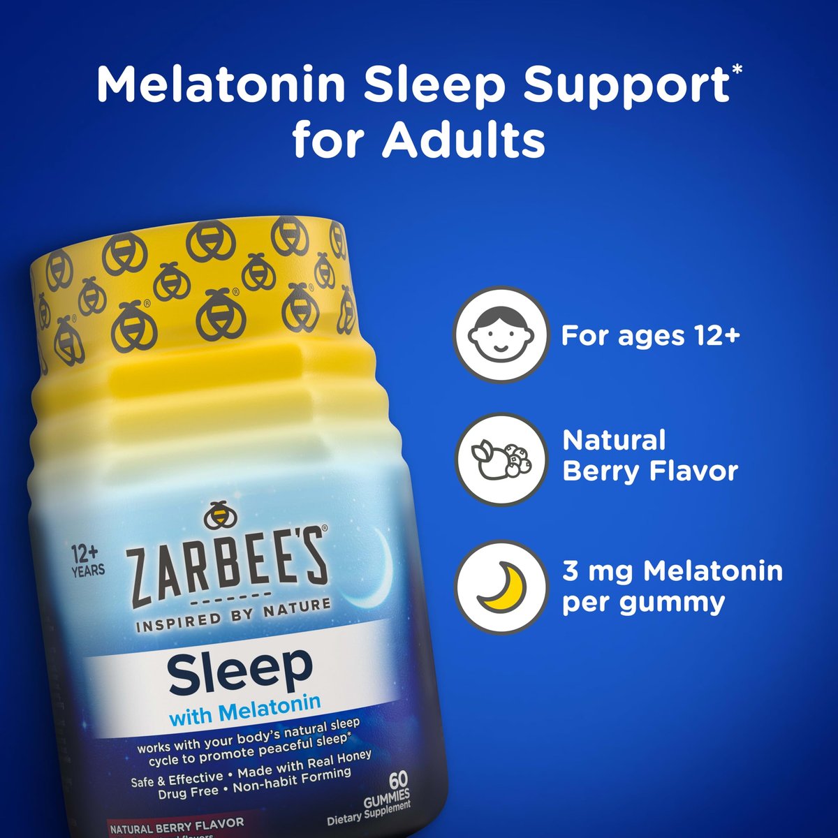 Zarbee's Melatonin Gummis 3mg – Schlafergänzung für erholsamen Schlaf, natürlicher Mix aus Früchten, für Erwachsene ab 12 Jahren, 60 Stück