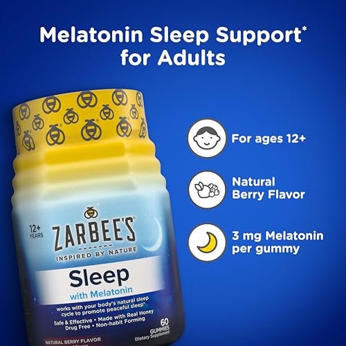 Zarbee's Melatonin Gummis 3mg – Schlafergänzung für erholsamen Schlaf, natürlicher Mix aus Früchten, für Erwachsene ab 12 Jahren, 60 Stück