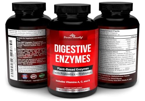 Divine Bounty Verdauungsenzyme mit Probiotika & Präbiotika – Lipase, Amylase, Bromelain – Unterstützt eine gesunde Verdauung für Männer und Frauen – 90 vegane Kapseln