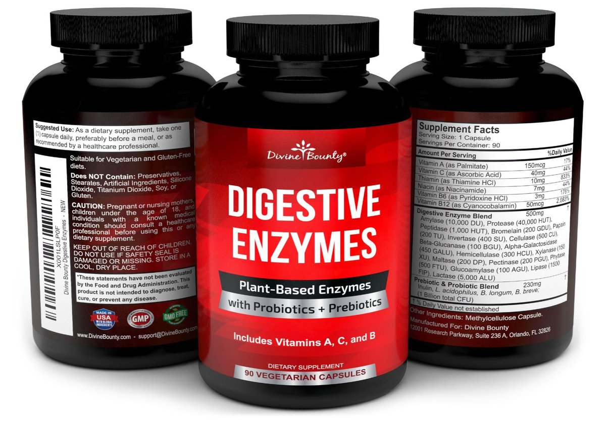 Divine Bounty Verdauungsenzyme mit Probiotika & Präbiotika – Lipase, Amylase, Bromelain – Unterstützt eine gesunde Verdauung für Männer und Frauen – 90 vegane Kapseln