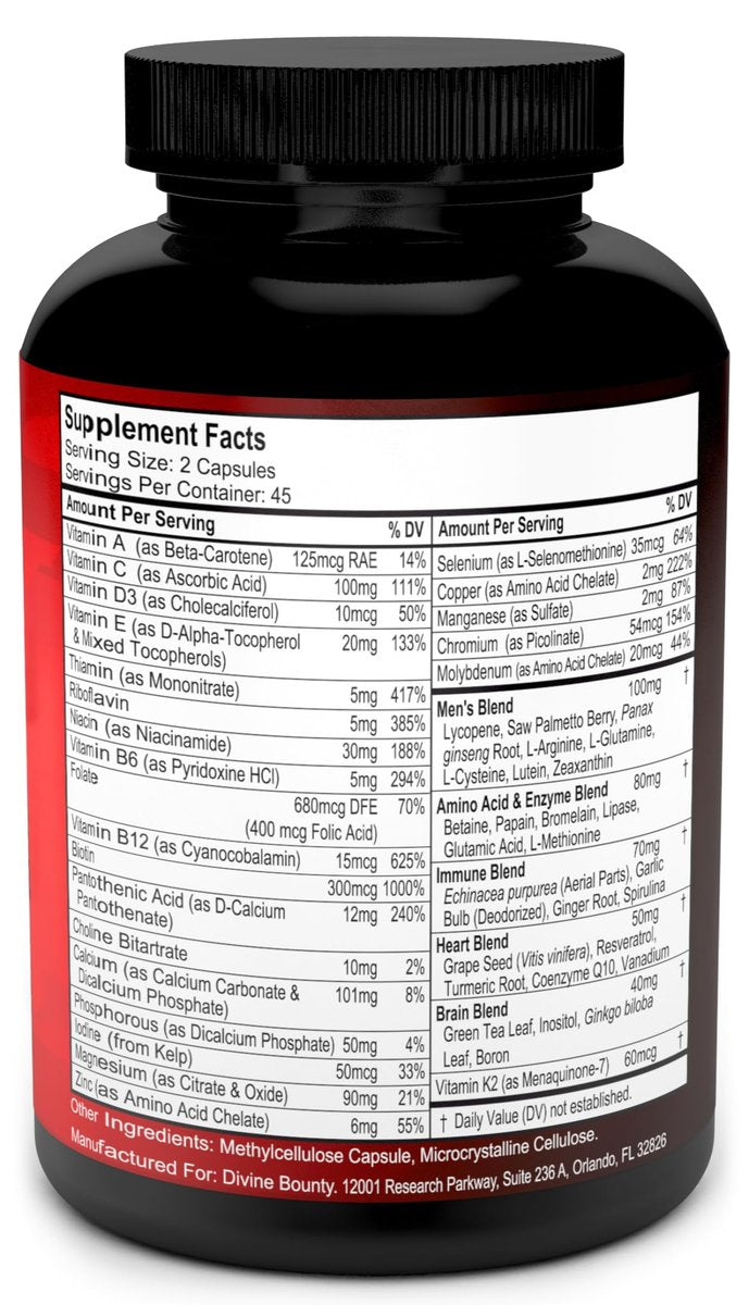 Tägliches Multivitamin für Männer – Vitamin A, C, D, E, K, B-Komplex, Calcium, Magnesium, Selen, Zink plus Herz, Gehirn, Immunsystem und Männergesundheit – 90 vegane Kapseln
