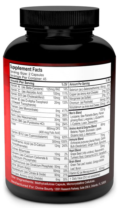 Tägliches Multivitamin für Männer – Vitamin A, C, D, E, K, B-Komplex, Calcium, Magnesium, Selen, Zink plus Herz, Gehirn, Immunsystem und Männergesundheit – 90 vegane Kapseln