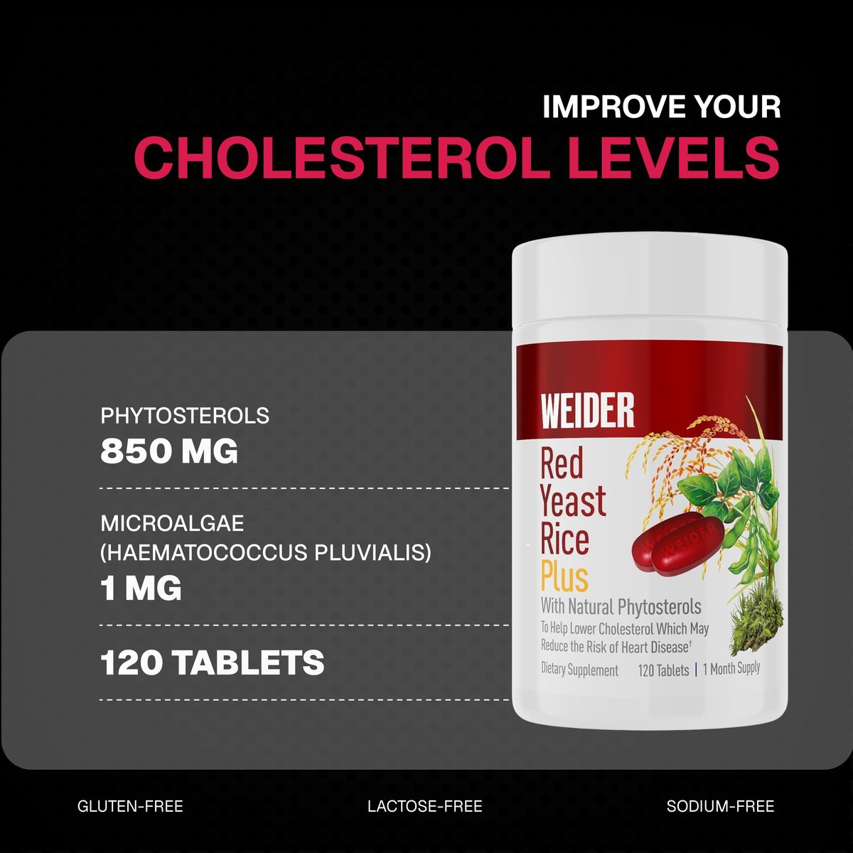 Weider Rote Hefe Reis Plus – Pflanzliches Nahrungsergänzungsmittel für die Herzgesundheit – mit Phytosterolen & Mikroalgen – 120 Kapseln