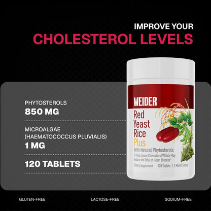 Weider Rote Hefe Reis Plus – Pflanzliches Nahrungsergänzungsmittel für die Herzgesundheit – mit Phytosterolen & Mikroalgen – 120 Kapseln