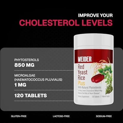Weider Rote Hefe Reis Plus – Pflanzliches Nahrungsergänzungsmittel für die Herzgesundheit – mit Phytosterolen & Mikroalgen – 120 Kapseln